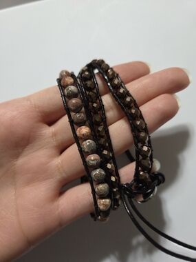 Victoria Emerson Wrap Bracelet Brown Leather Beaded Boho 23in